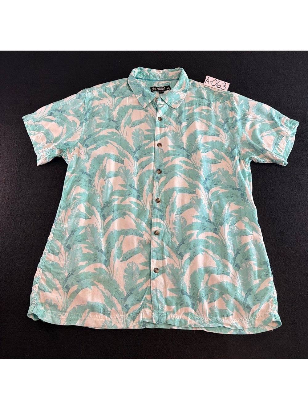 Island Haze Hawaiian Camp Shirt Mens Large Aqua Palm Leaf Rayon Button Up
